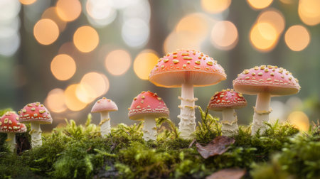 A captivating scene of vibrant red mushrooms nestled in lush green moss, illuminated by soft bokeh lights, creating a magical forest atmosphere.の素材