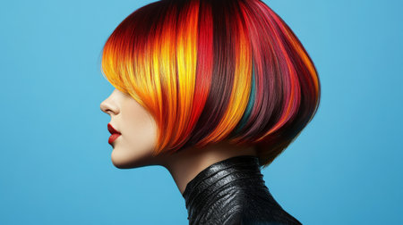 Captivating portrait of a woman showcasing vibrant hair colors in a modern bob style. The bold hues and striking design enhance the beauty and artistry.の素材