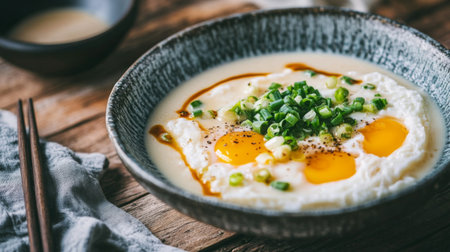 A delicious egg dish featuring fresh eggs, green onions, and a savory sauce served in a rustic bowl. Perfect for a comforting meal or breakfast option.の素材