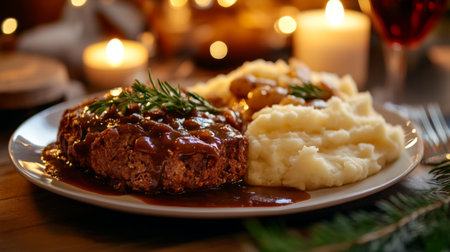 A warm and inviting plate featuring meatloaf topped with savory sauce, accompanied by creamy mashed potatoes. Perfect for festive gatherings and cozy dinners.の素材