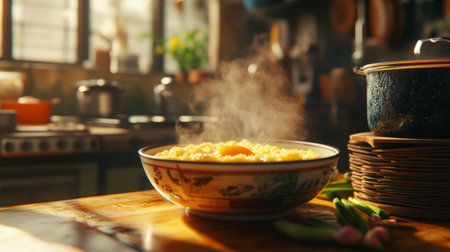 A steaming bowl of food sits on a rustic wooden counter, capturing the warmth and comfort of a cozy kitchen filled with natural light and inviting aromas.の素材
