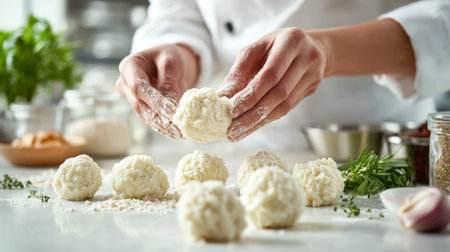 A chef prepares freshly made dough balls in a bright kitchen, highlighting the art of culinary creation with natural ingredients and vibrant herbs.の素材
