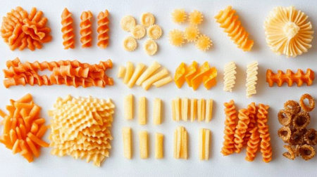 A visually appealing assortment of uncooked pasta shapes in various colors and textures, perfect for culinary presentations, recipes, and food styling.の素材