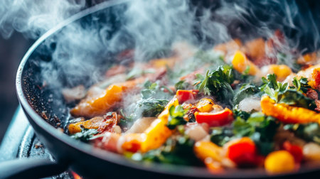 A vibrant stir-fried vegetable medley rich with colors and steam, showcasing the beauty of fresh ingredients sizzling in a pan in a cozy kitchen setting.の素材