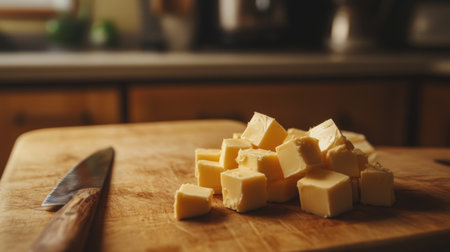A close-up of fresh butter cubes arranged on a wooden cutting board, showcasing the simple beauty of culinary preparation in a cozy kitchen setting.の素材
