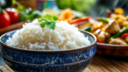 A vibrant display of fluffy white rice in a decorative bowl, garnished with fresh cilantro. Perfect for meal presentations, this image highlights culinary traditions and healthy ingredients.の素材