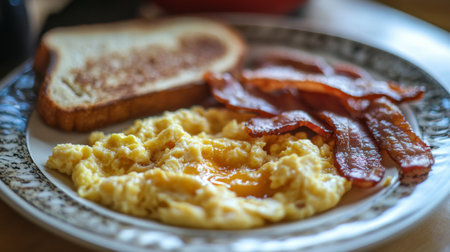 Enjoy a classic breakfast featuring fluffy scrambled eggs, crispy bacon, and golden toast on a beautifully patterned plate, perfect for morning energy.の素材