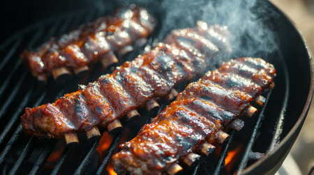 Juicy grilled ribs infused with smoky flavor, perfect for barbecues and summer gatherings. Capture the essence of outdoor cooking and culinary delight.の素材