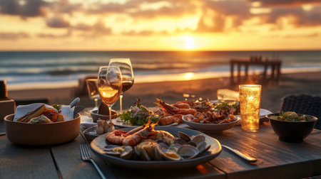 Indulge in a beautiful seafood dinner at sunset on the beach, complete with wine and a stunning ocean view. Perfect for a romantic evening.の素材