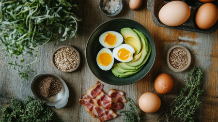 A vibrant breakfast scene featuring fresh eggs, creamy avocado, and crispy bacon arranged on a rustic wooden table. Perfect for healthy meal inspiration.の素材