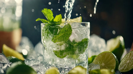 A refreshing drink featuring mint and lime garnished with ice, perfect for summer. Ideal for cocktail recipes, parties, and upscale bar settings.の素材