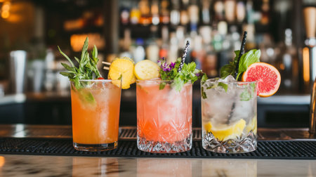 Three vibrant cocktails sit on a bar counter, showcasing refreshing summer flavors and colorful garnishes. Perfect for any gathering or celebration.の素材