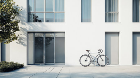 A stylish bicycle rests against a modern building, showcasing a clean and minimalist urban atmosphere. Ideal for themes of transportation and lifestyle.の素材
