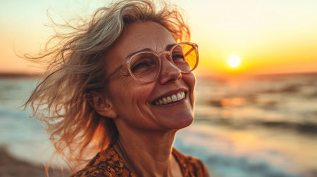 A joyful woman stands on the beach at sunset, her hair flowing in the breeze as she smiles at the fading daylight, embodying peace and happiness.の素材