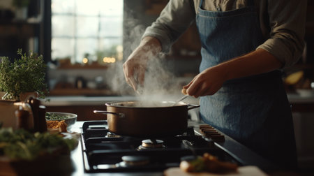 A chef prepares a delicious meal in a warm kitchen, with steam rising from a pot. Fresh ingredients and herbs create a cozy cooking atmosphere.の素材