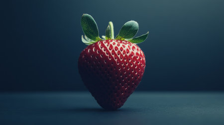 A closeup of a fresh strawberry showcasing its vibrant red color and green leaves. Perfect for highlighting healthy eating, summer fruits, and natural ingredients.の素材