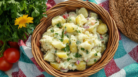 This vibrant potato salad combines fresh herbs and colorful vegetables for a healthy side dish. Perfect for summer gatherings and picnics.の素材