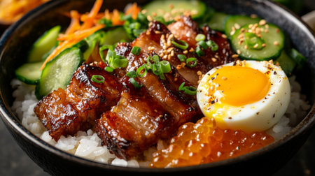 A vibrant bowl of rice topped with grilled meat, egg, and fresh vegetables creates a tempting culinary experience that delights the senses.の素材