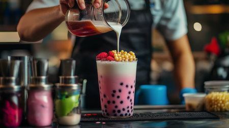 A vibrant bubble tea being poured in a stylish cafの素材