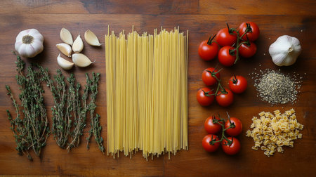 A vibrant arrangement of fresh ingredients including garlic, tomatoes, herbs, and pasta, perfect for a homemade Italian dish, captured on a wooden table.の素材