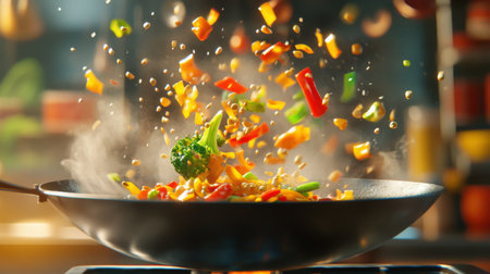 A dynamic scene of colorful vegetables and nuts flying in a hot pan while cooking, showcasing the art of stir-frying in a modern kitchen setting.の素材