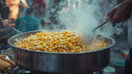 A vibrant scene depicting hand stirring steaming corn at a bustling street food stall, highlighting the delicious aroma and fresh ingredients used in traditional cooking.の素材