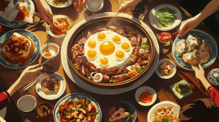 A lively dining scene showcasing a variety of delicious dishes, including seafood and eggs, perfect for gatherings. Colorful and inviting atmosphere.の素材