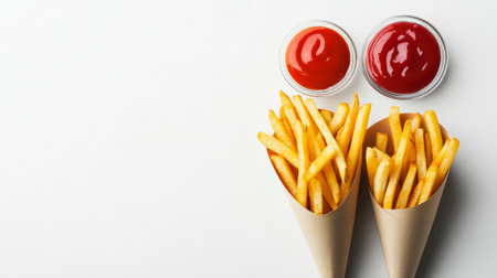A vibrant image of crispy French fries served in paper cones with two dips of ketchup. Perfect for foodies and snack lovers seeking delicious comfort food.の素材