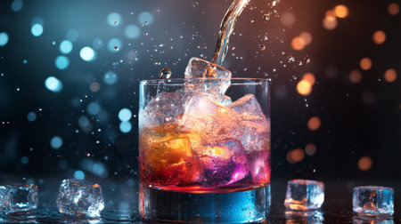 A vibrant cocktail splashes into a glass filled with colorful ice cubes, creating a stunning visual effect. Perfect for summer parties and celebrations.の素材