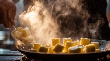 A close-up view of butter cubes melting in a pan, creating an aromatic steam. The chef's hand stirs the mixture, showcasing the art of cooking.の素材