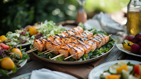 A beautifully arranged platter of grilled salmon skewers sits among fresh salads and colorful fruits, showcasing a perfect outdoor dining setup for summer gatherings.の素材