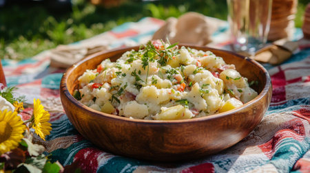 A delicious potato salad served in a wooden bowl, perfect for picnics. Fresh ingredients and vibrant herbs add flavor to this outdoor meal.の素材