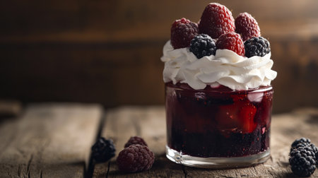 A delightful berry dessert featuring fresh raspberries and blackberries topped with creamy whipped cream, beautifully presented in a glass jar on rustic wood.の素材