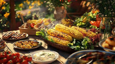 A vibrant summer feast featuring grilled corn and a variety of fresh produce. Perfect for outdoor gatherings, this colorful arrangement captures the essence of seasonal dining.の素材