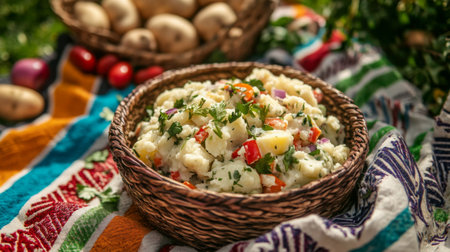 A fresh vegetable salad featuring potatoes, cauliflower, and herbs in a rustic woven bowl. This vibrant dish is perfect for outdoor gatherings and healthy meals.の素材