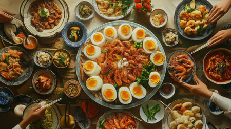 A vibrant seafood feast featuring shrimp, eggs, and assorted dishes laid out on a beautifully arranged table, perfect for gatherings and celebrations.の素材