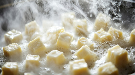 Tasty cubes cook in boiling water, creating a steamy atmosphere in the kitchen. Perfect for illustrating cooking, preparation, and culinary processes.の素材