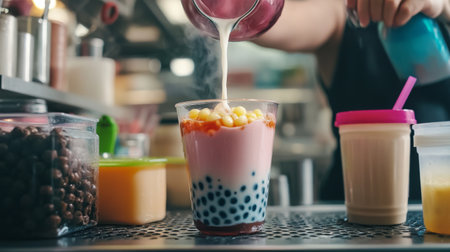 A vibrant kitchen scene captures the preparation of a refreshing beverage with colorful layers and delicious toppings. Ideal for food and drink themes.の素材