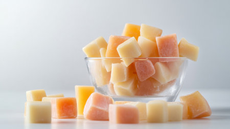 A collection of colorful frozen cubes arranged in a clear bowl. Ideal for highlighting desserts, summer treats, or refreshing snacks in photography.の素材