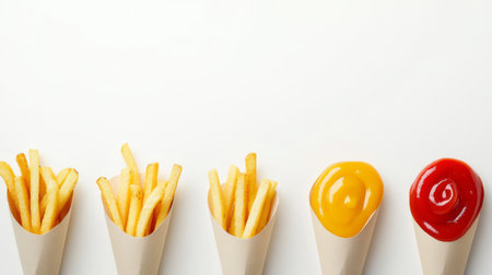 A creative arrangement of crispy French fries in cones paired with vibrant ketchup and mustard. Ideal for fast food and snack themes.の素材