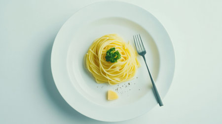 A minimalist presentation of spaghetti garnished with parsley and lemon. This simple dish evokes comfort and elegance, perfect for various meals.の素材