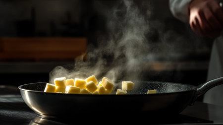 A close-up image of butter cubes melting in a pan, creating steam. The vibrant steam showcases the cooking process in a modern kitchen setting.の素材
