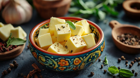 A colorful bowl filled with fresh butter cubes, garnished with herbs. Ideal for food photography and recipe inspiration in a vibrant kitchen setting.の素材