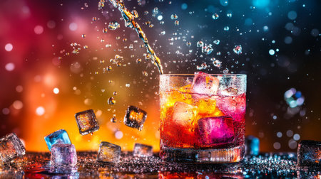 A vibrant splash of a colorful drink in a glass filled with ice cubes, captured against a stunning gradient background, perfect for beverage-themed visuals.の素材