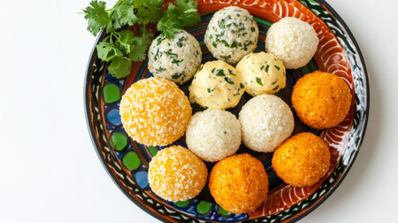 A vibrant assortment of cheese balls presented on a decorative plate, garnished with herbs, ideal for appetizers or party snacks to delight guests.の素材
