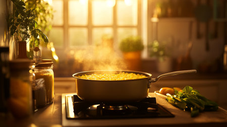 A cozy kitchen scene featuring a pot of pasta simmering on the stove, surrounded by fresh ingredients, creating a warm, inviting atmosphere.の素材