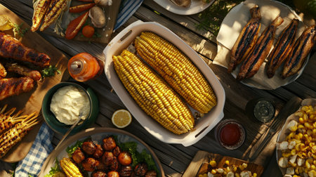 A vibrant summer feast featuring grilled corn, savory dishes, and fresh ingredients, perfect for outdoor dining and festive gatherings with friends and family.の素材