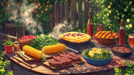 A vibrant outdoor scene showcasing a summer feast with grilled steaks, corn, fresh vegetables, and refreshing drinks, perfect for gatherings and celebrations.の素材