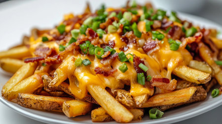 Mouthwatering plate of crispy fries topped with melted cheese, savory bacon, and fresh green onions, perfect for snacks or comfort food cravings.の素材
