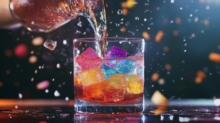 A vibrant image capturing a colorful drink being poured over ice. The dynamic splash and bright background create a festive atmosphere perfect for summer celebrations.の素材